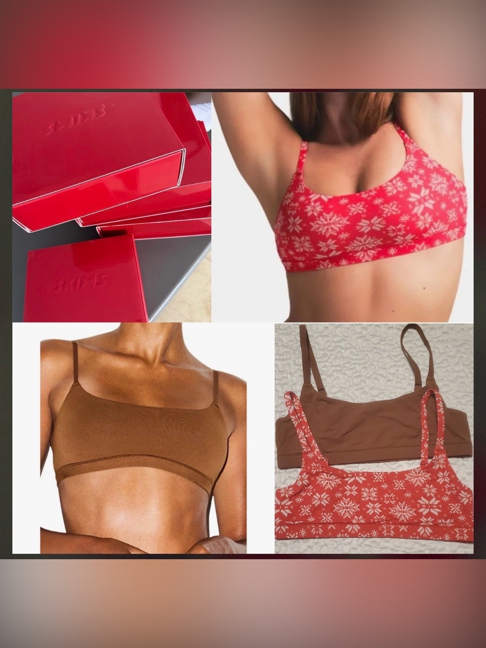 SKIMS Red Snowflake & Brown Stretch Bralette NEW IN BOX